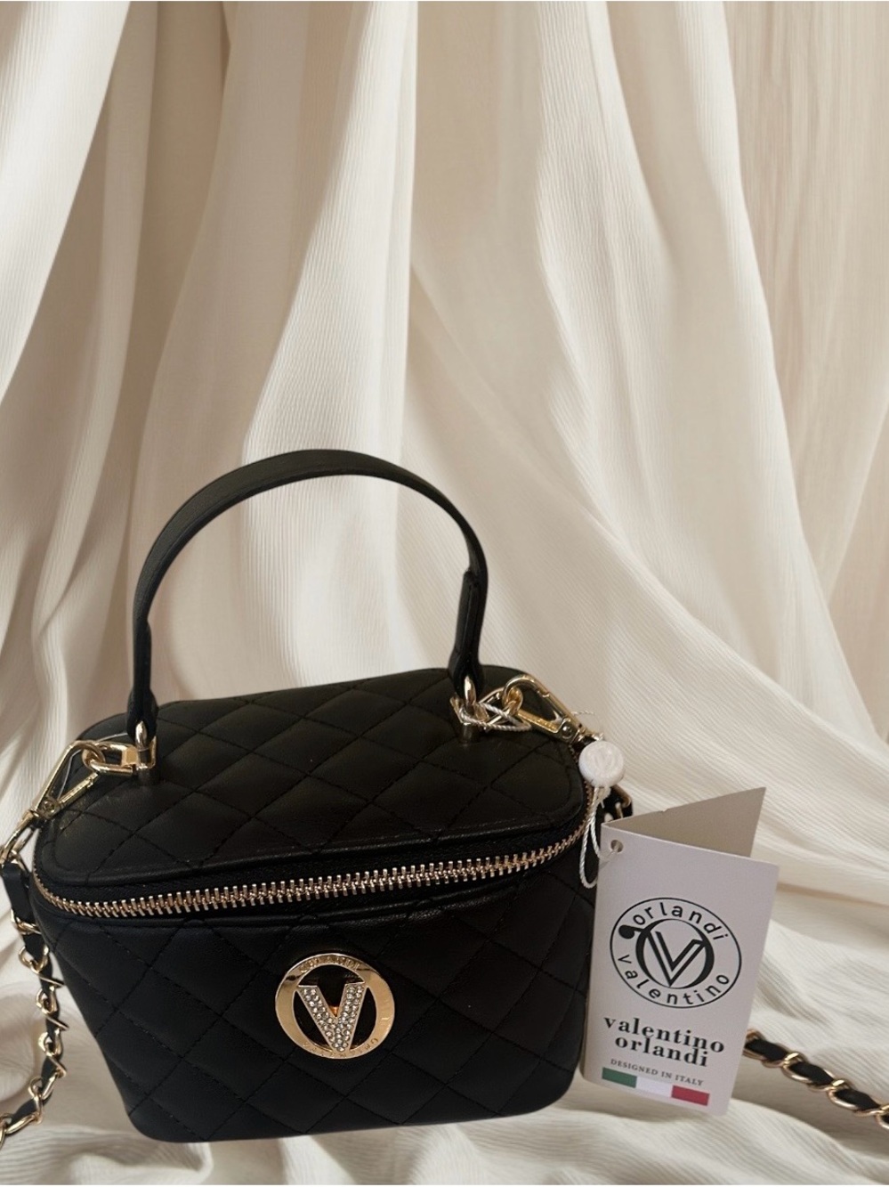 Valentino Orlandi Black Quilted Mini Top-Handle Bag with Gold Hardware